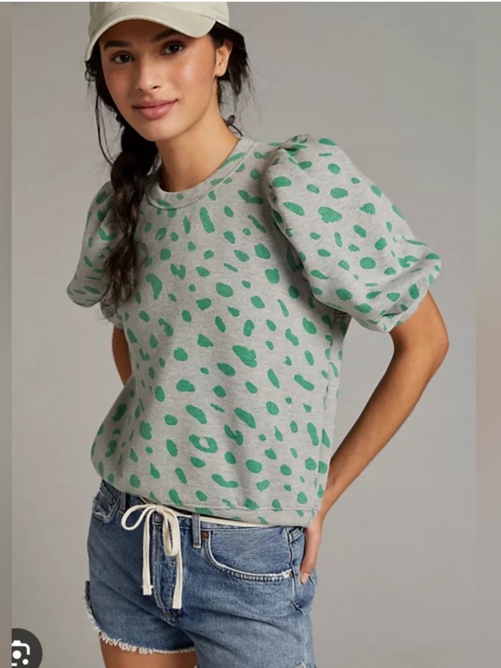 Clare V Gray Jaguar Puff Sleeve Sweatshirt Tee - XS